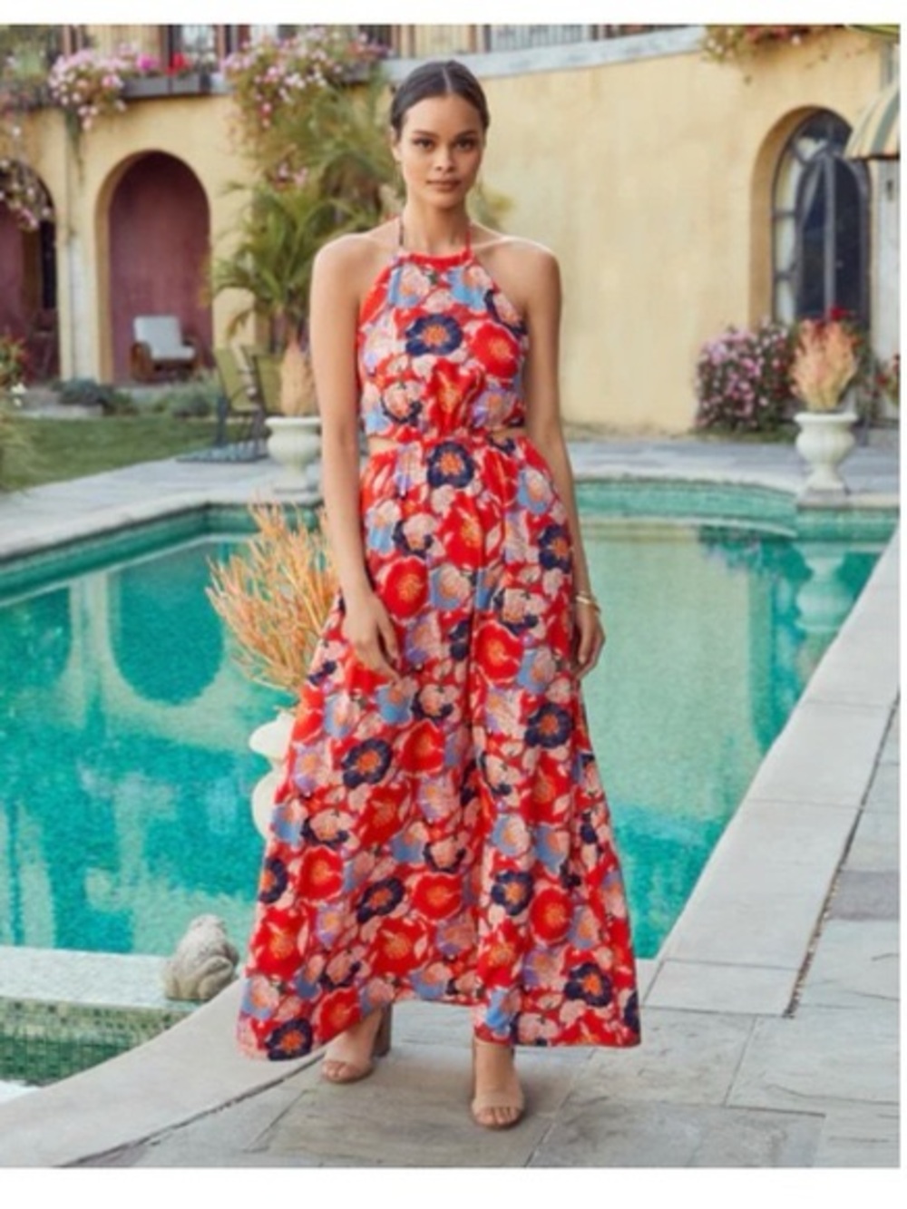 Vici Red Floral Halter Maxi Dress with Blue Accents